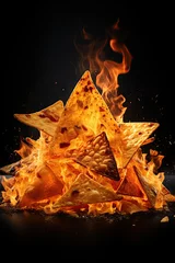 Fotobehang Doritos chips on fire. Hot spicy Mexican traditional snack. Generative Ai © ArtmediaworX