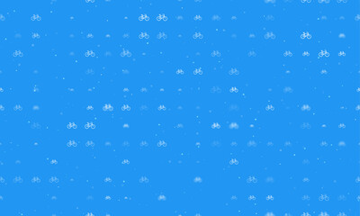 Seamless background pattern of evenly spaced white bicycle symbols of different sizes and opacity. Vector illustration on blue background with stars