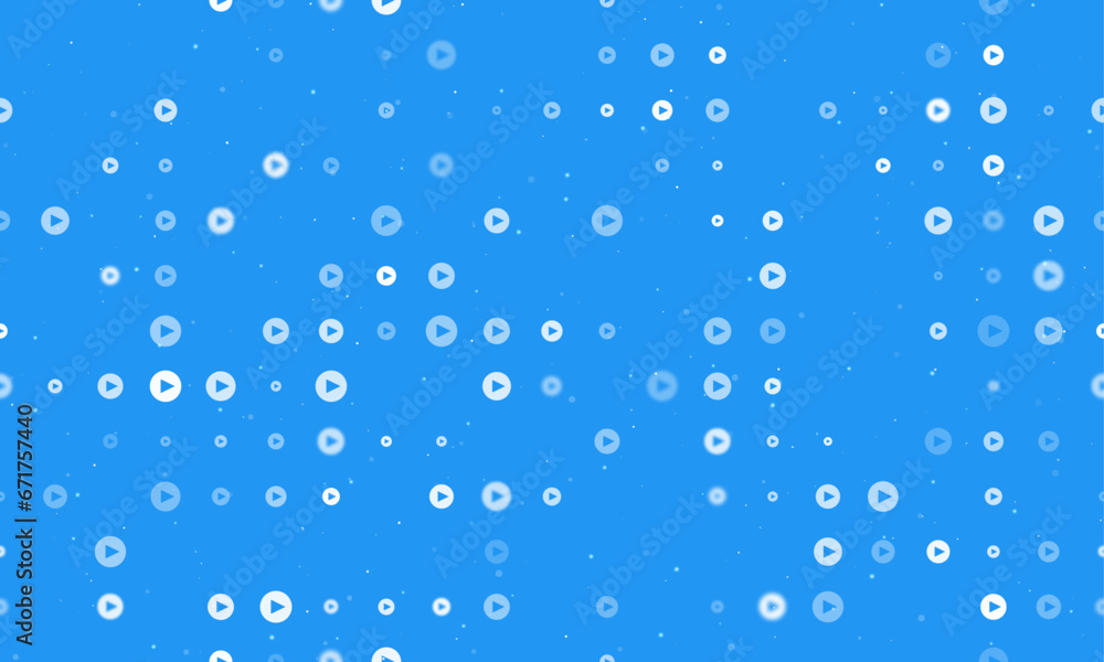 Poster seamless background pattern of evenly spaced white play symbols of different sizes and opacity. vect