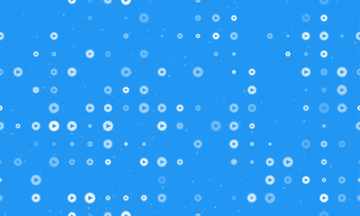 Seamless background pattern of evenly spaced white play symbols of different sizes and opacity. Vector illustration on blue background with stars