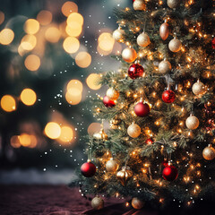 Fototapeta na wymiar Christmas Tree With Ornament And Defocused Shiny Background Lights