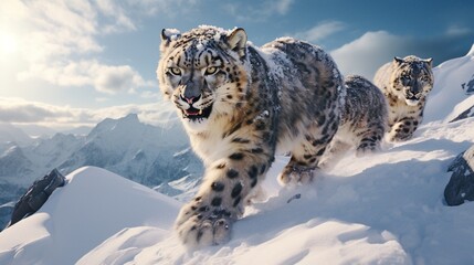 Snow leopards in a playful tussle amidst snow-covered mountains.