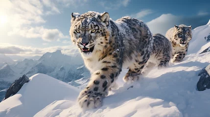 Crédence de cuisine en verre imprimé Léopard Snow leopards in a playful tussle amidst snow-covered mountains.