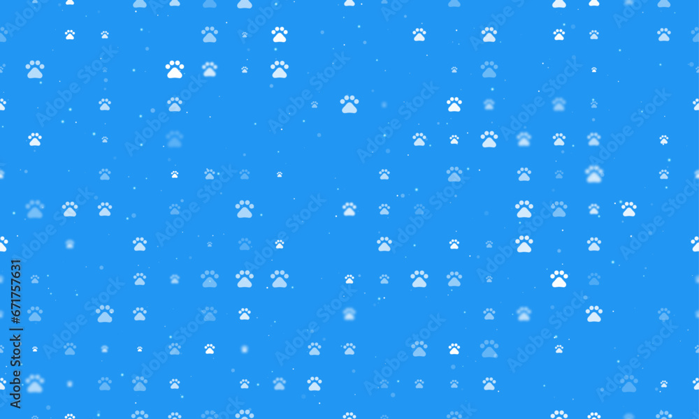 Poster Seamless background pattern of evenly spaced white pet symbols of different sizes and opacity. Vector illustration on blue background with stars