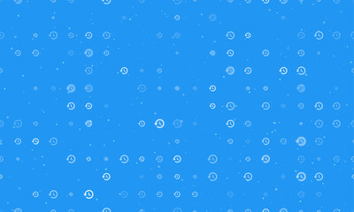 Seamless background pattern of evenly spaced white time back symbols of different sizes and opacity. Vector illustration on blue background with stars