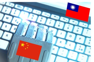Robotic hand typing on a keyboard with the Taiwan and Chinese flags. Concept of battle for industry device.