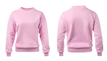 front and back view of pink sweatshirt templates. Pullovers with long sleeves, mockups for design and print, isolated on a transparent background with clipping path.