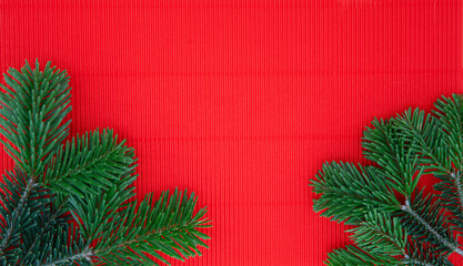 Christmas greeting card template, Fresh fir twig on red color background, copy space.
