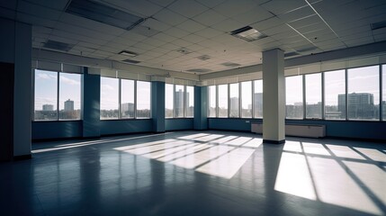 Empty office room with sunlight streaming through large windows, corporate office blank space image