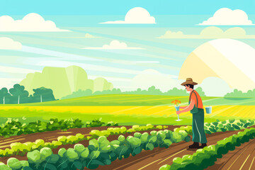 Fototapeta premium Farmer watering vegetable rows under afternoon sun.