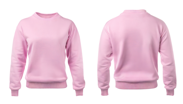front and back view of pink sweatshirt templates. Pullovers with long sleeves, mockups for design and print, isolated on a transparent background with clipping path.