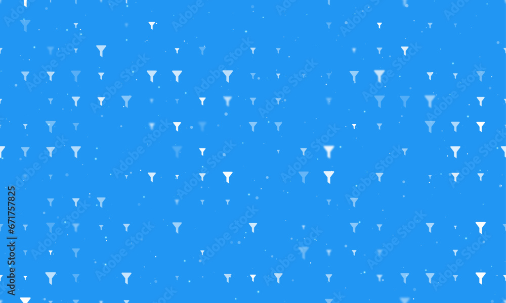 Poster seamless background pattern of evenly spaced white funnel symbols of different sizes and opacity. ve