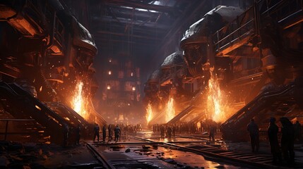 A large steel mill with molten metal flowing through channels, workers in protective gear overseeing operations.
