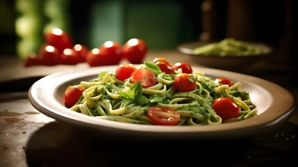 A plate of freshly made fettuccine pasta tossed in a vibrant pesto sauce, garnished with cherry tomatoes and pine nuts