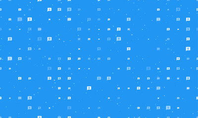 Seamless background pattern of evenly spaced white chat symbols of different sizes and opacity. Vector illustration on blue background with stars