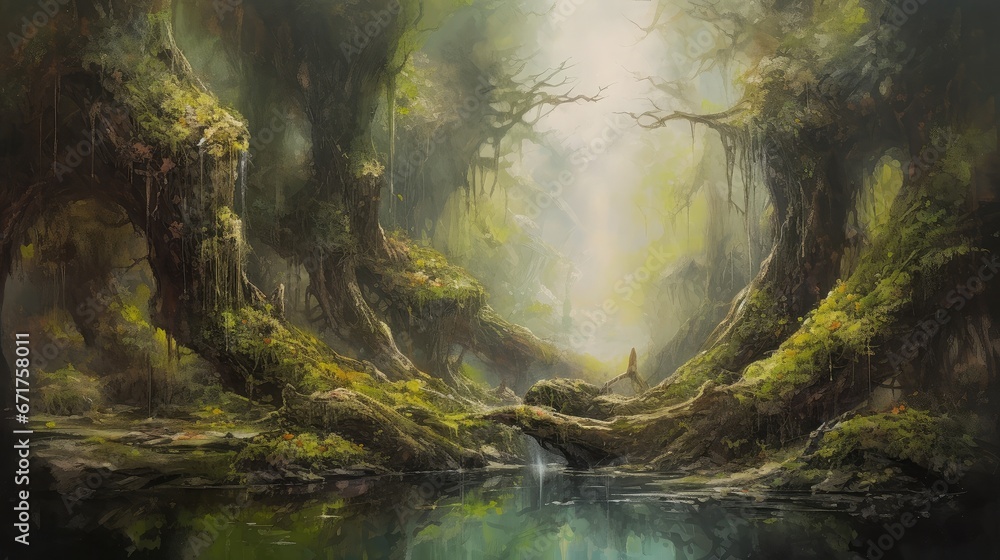 Poster mystical forest with towering trees covered in moss, waterfall flowing into a crystal river sense of