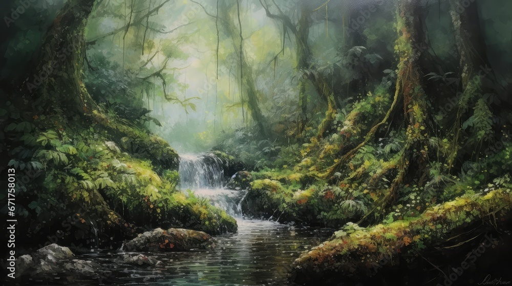 Poster mystical forest with towering trees covered in moss, waterfall flowing into a crystal river sense of