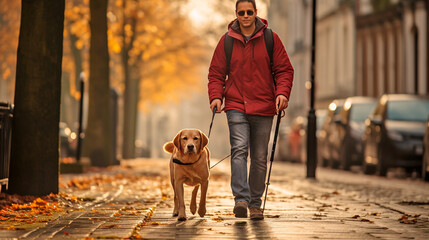hombre ciego con bastón y su perro labrador de guía  - obrazy, fototapety, plakaty