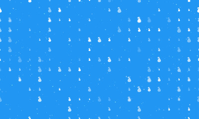 Seamless background pattern of evenly spaced white pear symbols of different sizes and opacity. Vector illustration on blue background with stars