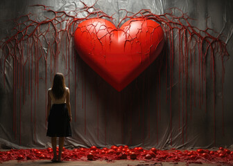 A young woman stands near an old wall with a red heart on it.
