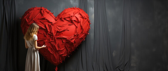 A young woman stands near an old wall with a red heart on it. Valentine's Day concept