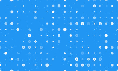 Seamless background pattern of evenly spaced white info symbols of different sizes and opacity. Vector illustration on blue background with stars