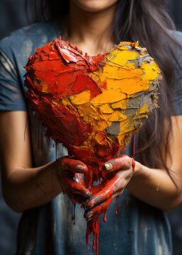 A young woman holds in her hands a heart with strokes and spots of multi-colored paint. Valentine's Day concept.