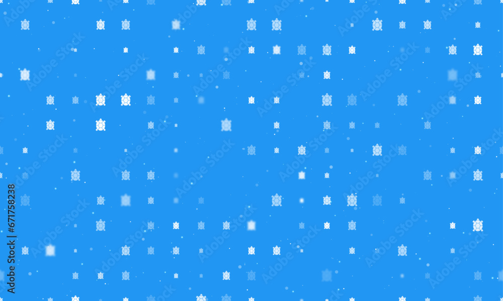Poster seamless background pattern of evenly spaced white turtle symbols of different sizes and opacity. ve