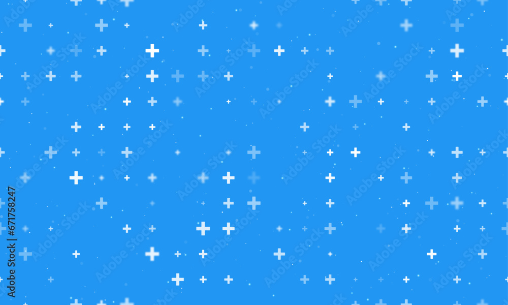 Poster seamless background pattern of evenly spaced white plus symbols of different sizes and opacity. vect