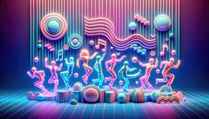 Group of abstract person dance among geometric figures in 3D Memphis style