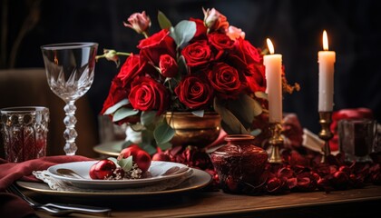 Obraz na płótnie Canvas Photo of a Beautiful Table Decorated with a Fresh Bouquet of Red Roses