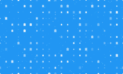 Seamless background pattern of evenly spaced white turtle symbols of different sizes and opacity. Vector illustration on blue background with stars