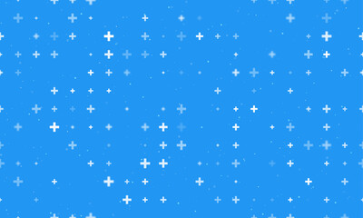 Seamless background pattern of evenly spaced white plus symbols of different sizes and opacity. Vector illustration on blue background with stars