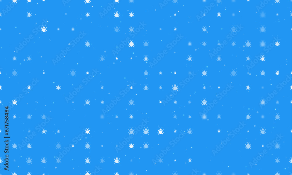 Poster seamless background pattern of evenly spaced white bug symbols of different sizes and opacity. vecto