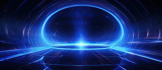 Abstract tunnel with wireframe Blue wormhole leading to 3D grid portal Futuristic fantasy funnel portrayed in 3D rendering - obrazy, fototapety, plakaty