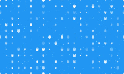 Seamless background pattern of evenly spaced white sports weight symbols of different sizes and opacity. Vector illustration on blue background with stars