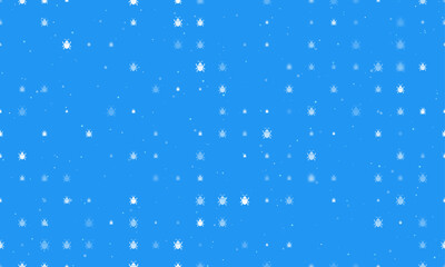 Seamless background pattern of evenly spaced white bug symbols of different sizes and opacity. Vector illustration on blue background with stars