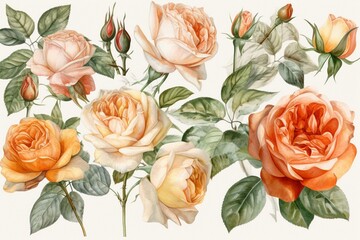 Vintage watercolor illustrations of orange roses with a fresh and lively feel, resembling a mural or fresco. Generative AI