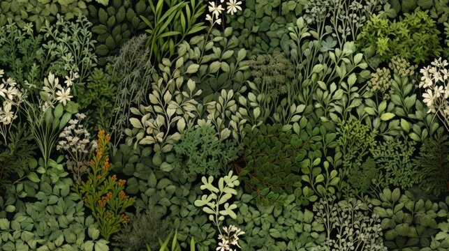  a picture of a bunch of plants and flowers in a room that is very green and full of white flowers.  generative ai