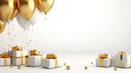Birthday wish elements with golden realistic balloons and gift box in white background, Golden balloon and confetti background with gift box