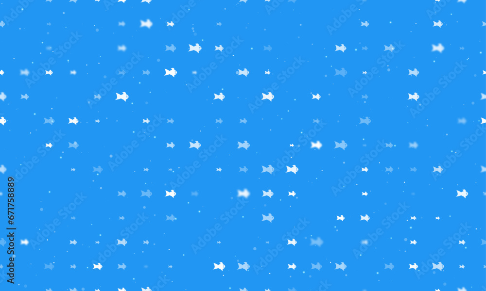 Poster seamless background pattern of evenly spaced white gold fish symbols of different sizes and opacity.