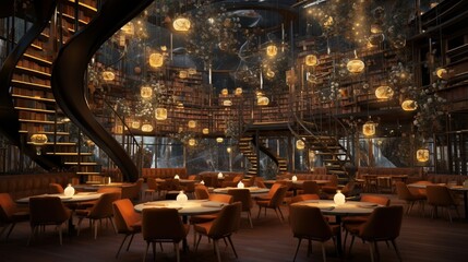 A library caf?(C), unlike any traditional setting, where the furniture rearranges itself and menus are projected into the air.