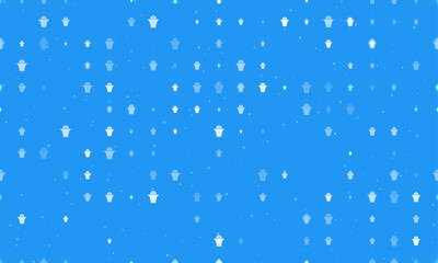 Seamless background pattern of evenly spaced white basketball symbols of different sizes and opacity. Vector illustration on blue background with stars