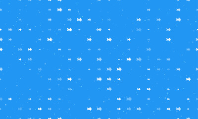 Seamless background pattern of evenly spaced white gold fish symbols of different sizes and opacity. Vector illustration on blue background with stars