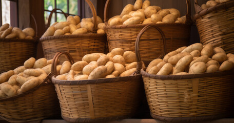 Ripe potatoes in baskets