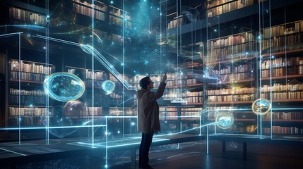 A library replete with hovering bookshelves, voice-activated search systems, and visitors using holographic interfaces.