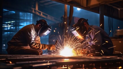 Two Metal welder working with arc welding at Industrial workshop