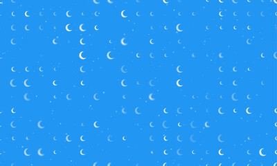 Seamless background pattern of evenly spaced white moon symbols of different sizes and opacity. Vector illustration on blue background with stars