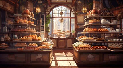 A local bakery suffused with the aroma of fresh bread, showcasing wooden shelves laden with pastries and cakes. - obrazy, fototapety, plakaty