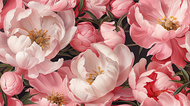 Seamless background of pink and white tulips.